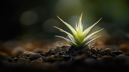 Fototapeta premium Young pineapple plant sprout in sunlight.