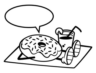 Cute little donuts cartoon characters relaxing at the beach and drinking lemonade. Best for outline, logo, and coloring book with summer themes for kids