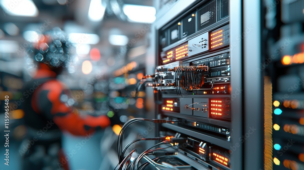 Poster a futuristic scene featuring a technician working on a high-tech server with illuminated panels and 