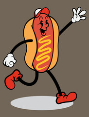 Hot Dog cartoon characters wearing baseball hat and greetings. Best for sticker, logo, and mascot with food themes in vintage cartoon styles