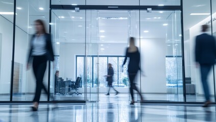 Blurred businesspeople walking through modern office building entrance.