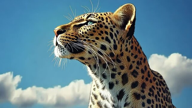 Majestic leopard gazing at the sky in a bright blue atmosphere with fluffy clouds