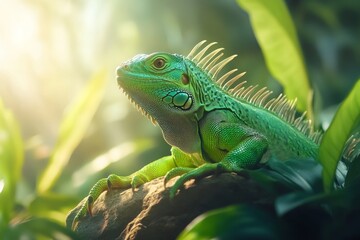 Fototapeta premium A vibrant green iguana basking on a sunlit rock in a tropical rainforest, surrounded by lush foliage