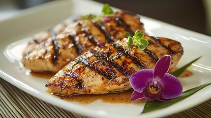 Grilled chicken breasts with teriyaki glaze, garnished with orchid and microgreens.