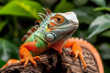 Fototapeta premium A vibrant orange and green iguana resting on a tree trunk, its long tail trailing behind