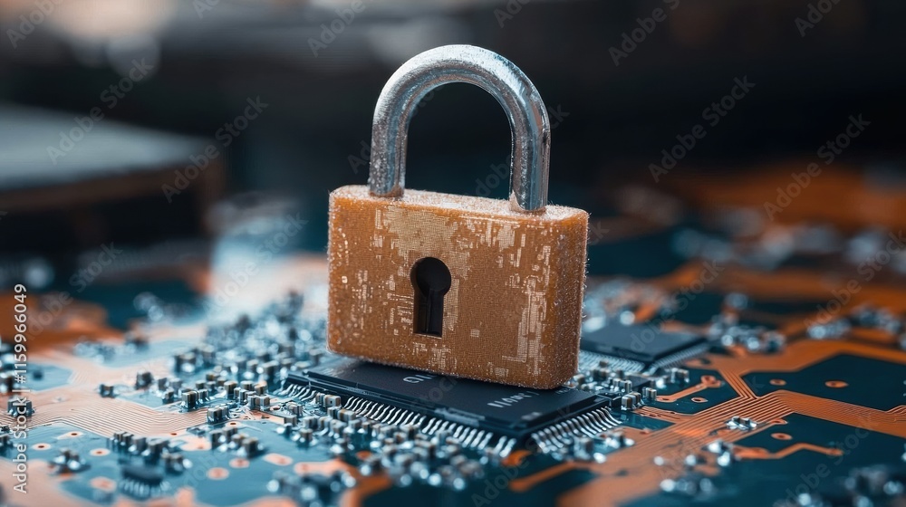 Poster a rusty padlock rests on a circuit board, symbolizing security and technology's intersection.