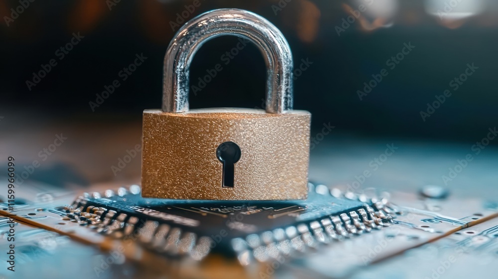 Poster a close-up image of a padlock positioned atop a computer chip, symbolizing security in technology an