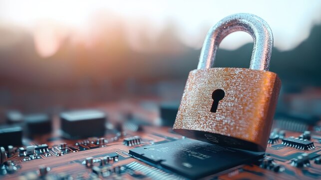 Securing data with a locked padlock on circuit board digital technology landscape macro perspective
