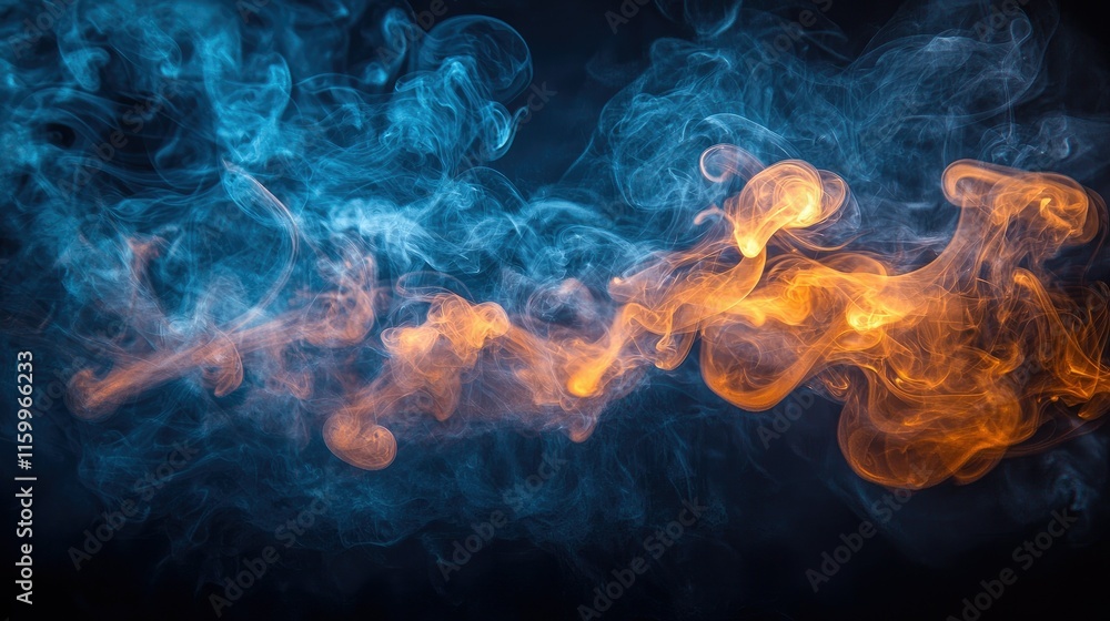 Poster a captivating swirl of blue and orange smoke creating an abstract, dynamic visual effect.