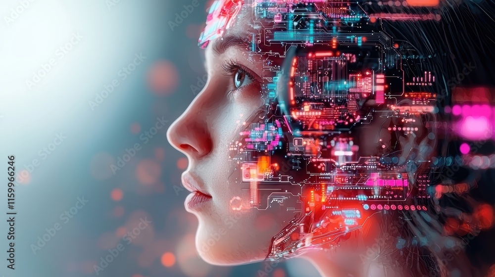 Poster a futuristic portrait of a woman, blending technology and human features with colorful digital eleme