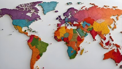 
Colorful world map jigsaw puzzle unfinished on white background, vibrant and detailed
