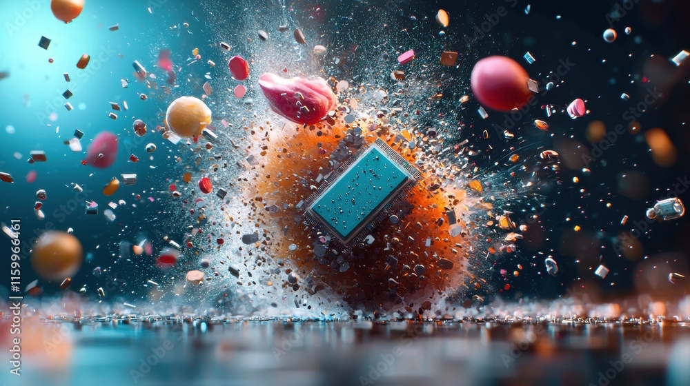 Poster a vibrant explosion of colors and textures featuring a blue object amidst splashes and scattered ele