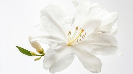 An intricate shot of a delicate white azalea bloom with smooth petals and subtle veins, isolated white background, minimalistic art style