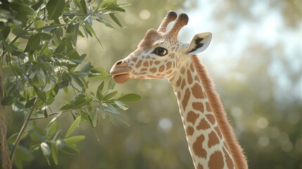 Young giraffe eating leaves from a tree.