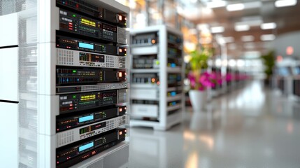 A modern server room featuring rows of sleek servers with colorful displays, surrounded by vibrant plants, showcasing a blend of technology and nature.