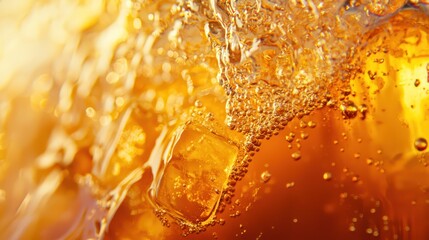 Close-up of fizzy orange drink with ice cubes.