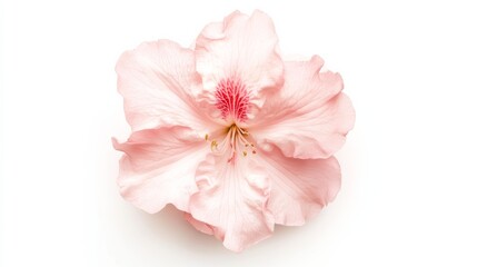 An intricate shot of a soft pink azalea bloom with ruffled petals and a subtle fragrance, isolated white background, minimalistic art style