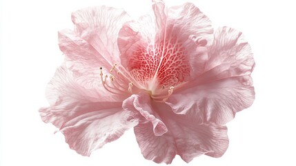 An intricate shot of a soft pink azalea bloom with ruffled petals and a subtle fragrance, isolated white background, minimalistic art style