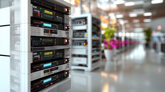 A modern server room featuring rows of sleek servers with colorful displays, surrounded by vibrant plants, showcasing a blend of technology and nature. - Powered by Adobe