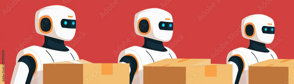 Poster supply chain management logistics technology. three robots carrying boxes against a red background, 