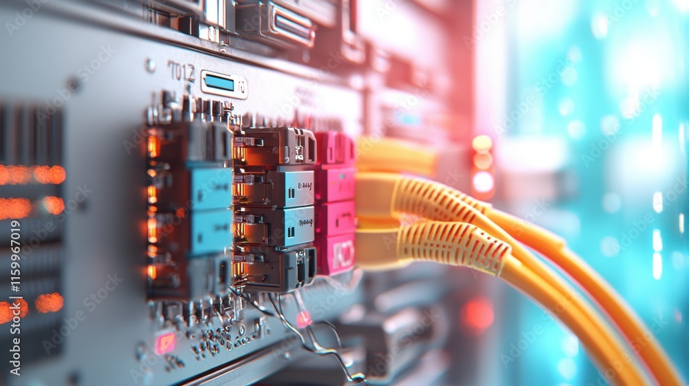 Poster a close-up of network cables connected to a server, showcasing vibrant colors and electronic compone