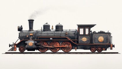 Obraz premium Vintage steam locomotive train on tracks, side view, isolated on white background.