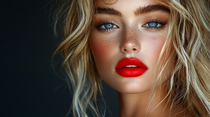 Fototapeta premium Close-up portrait of a beautiful woman with blonde wavy hair, blue eyes, and red lipstick.