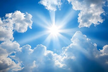 Bright sun shines above fluffy clouds in a blue sky.