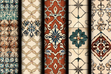 Intricate geometric patterns with vibrant accents and traditional motifs