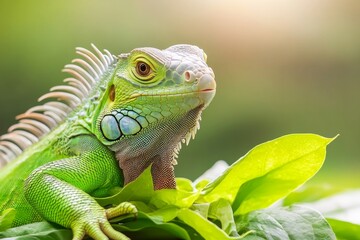 Fototapeta premium An iguana eating fresh leaves on a sunny day, perched high in the canopy of a dense forest