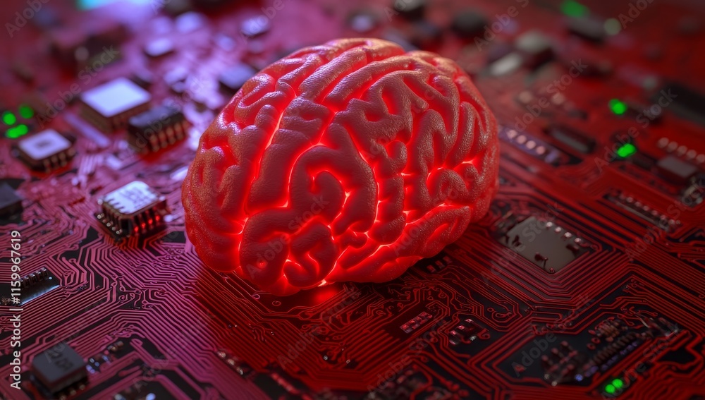 Poster glowing brain model on circuit board, representing ai and neural networks.