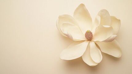 Fototapeta premium Lovely magnolia petals in ivory-white, on a subtle and gentle cream background, Minimalist style