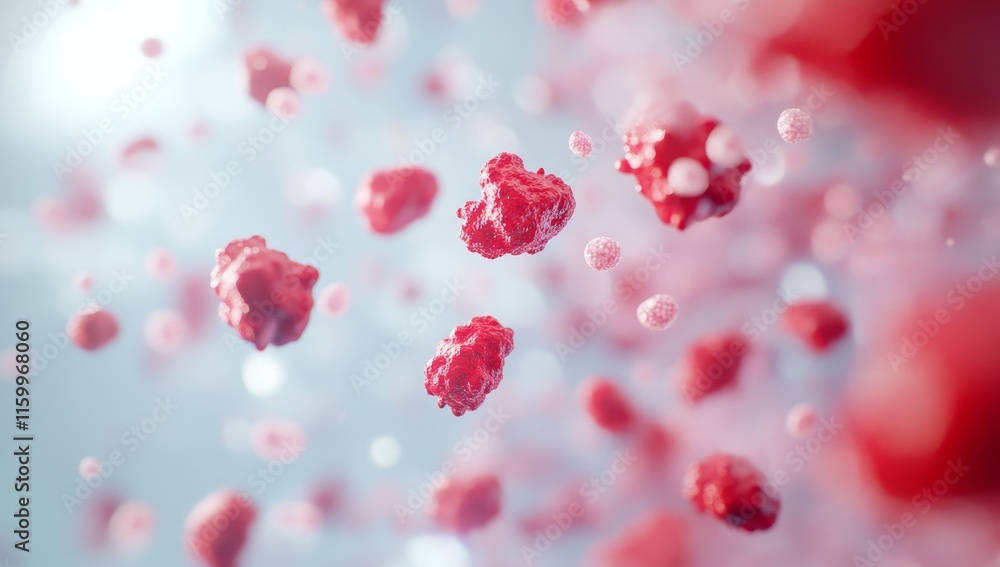 Poster abstract red particles floating in a light blue background.