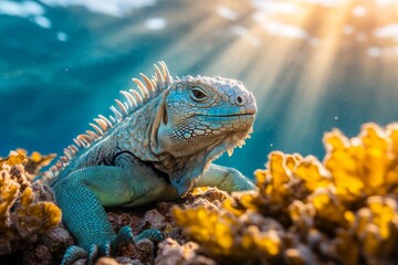 Fototapeta premium An underwater view of a marine iguana feeding on algae, with sunlight streaming through the water