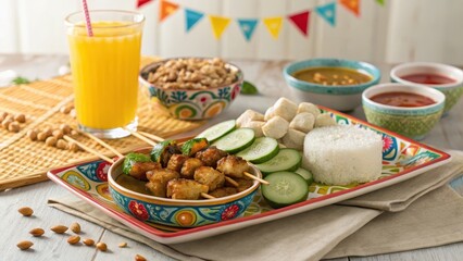 Colorful Satay Skewers Platter with Dipping Sauces and Refreshing Drink