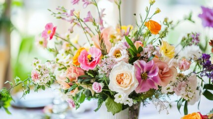 A beautifully set up flower arrangement workshop, Colorful blooms arranged in artistic harmony, Floral design style