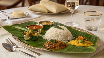 Elegant Banana Leaf Rice Plate with Delicious Accompaniments