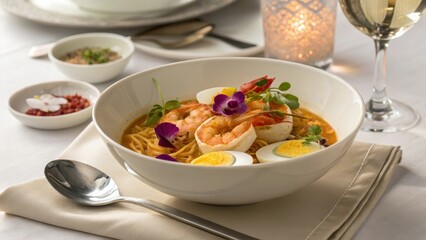 Elegant Laksa Setup in Minimalist Dining Environment