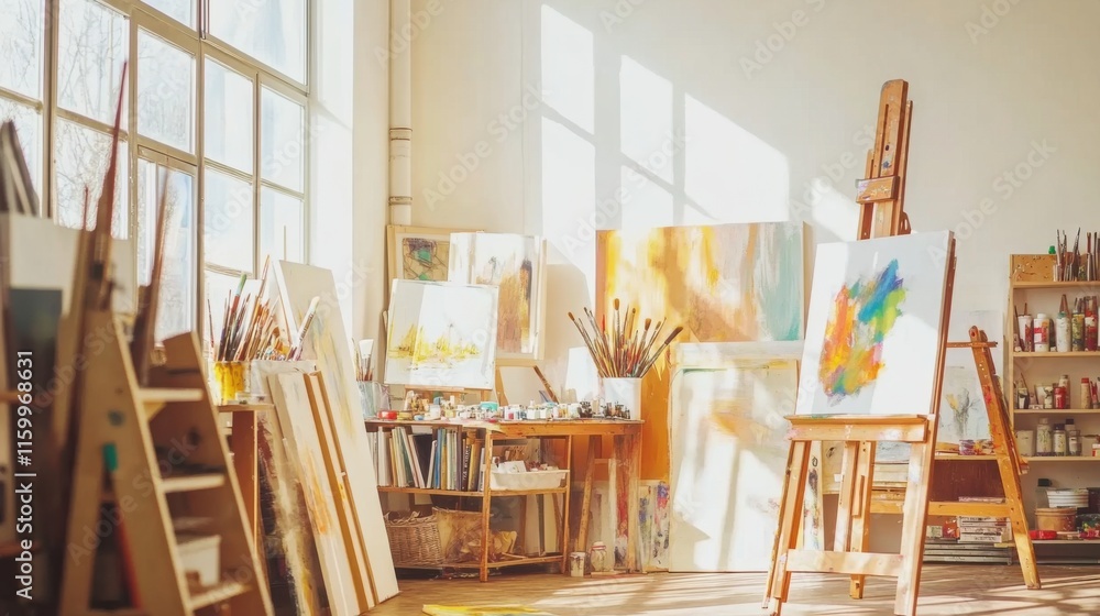 Poster a bright and airy painting studio with easels and canvases, paintbrushes and palettes set up neatly,