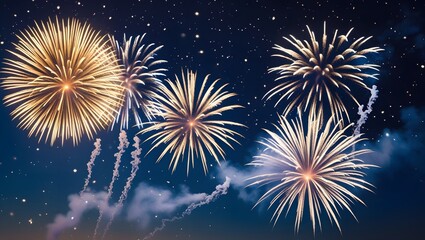 Golden fireworks bursting in the dark blue sky, surrounded by stars and smoke, ideal for holiday events, parties, special occasions, festive themes, or celebratory designs.