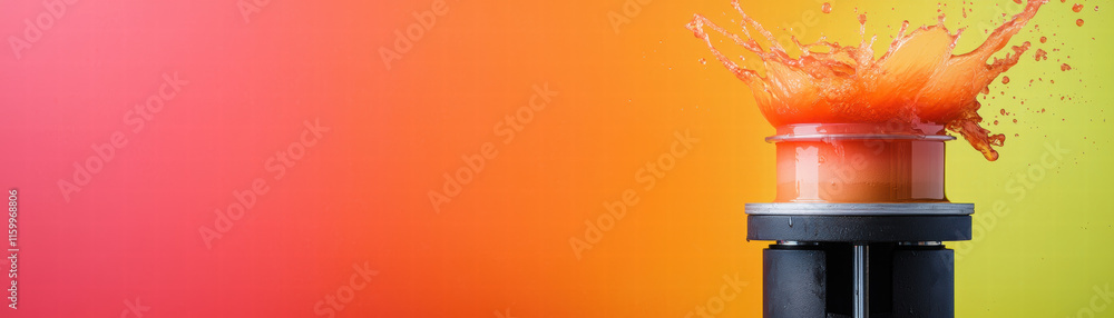Poster a vibrant splash of orange liquid erupts from a container against a colorful gradient background.