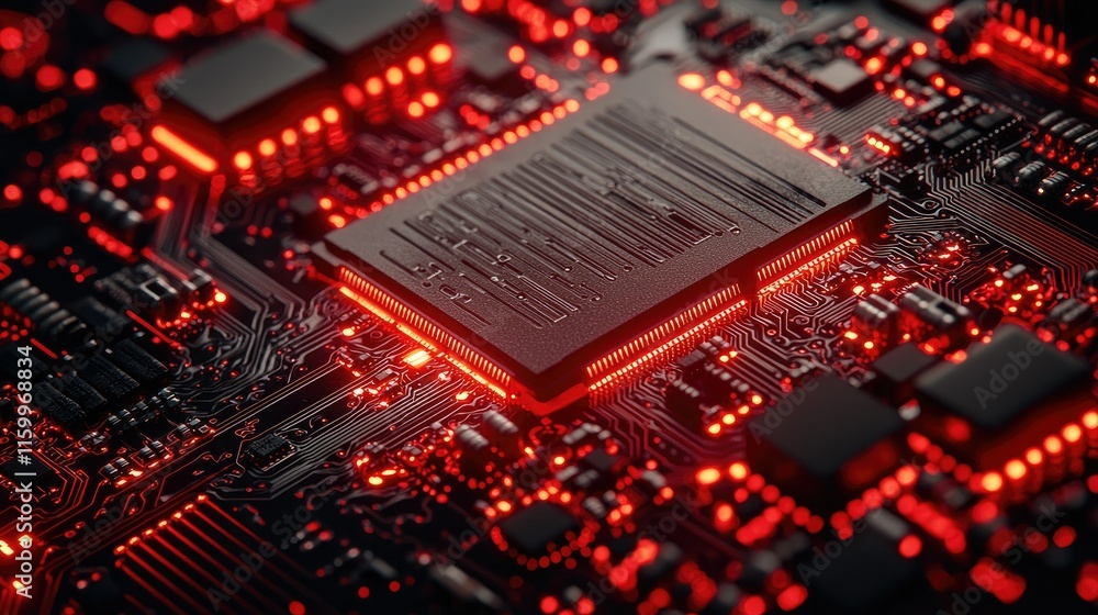 Poster a close-up of a circuit board with glowing red components, illustrating technology and innovation.