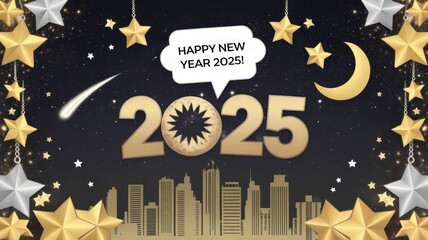 Creative and elegant Happy New Year 2025 greeting card concept with festive elements, perfect for celebrating the holiday season and sending warm wishes