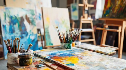 Fototapeta premium A bright art studio with various painting supplies, Easels and canvases meticulously arranged, Contemporary artistic style