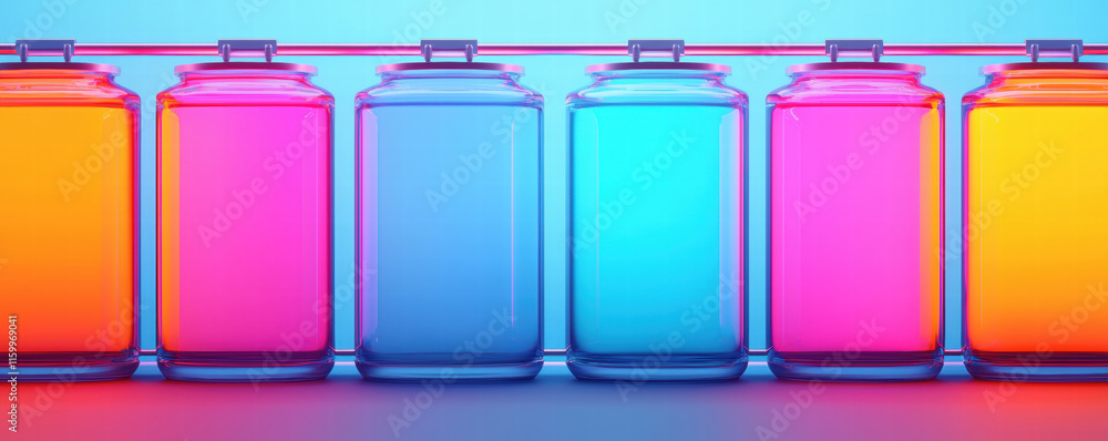 Poster a vibrant display of jars filled with glowing liquids in various colors, set against a gradient back