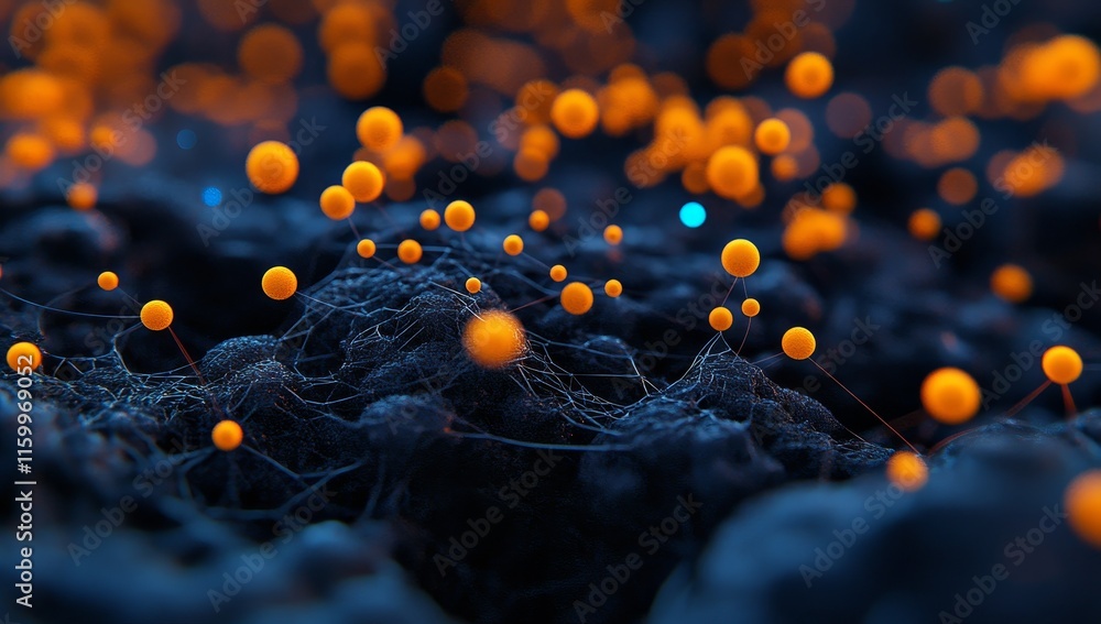 Poster abstract 3d rendering of orange spheres connected by thin lines on a dark textured surface.