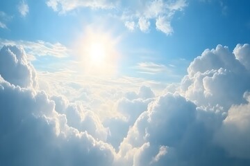 Bright sun shines above fluffy clouds in a blue sky.