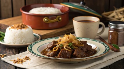 Nostalgic Beef Rendang Plated with Rice and Coffee