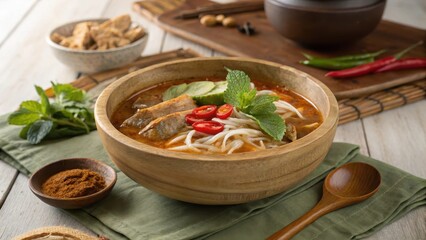 Rustic Asam Laksa Served in Wooden Bowl with Fresh Ingredients
