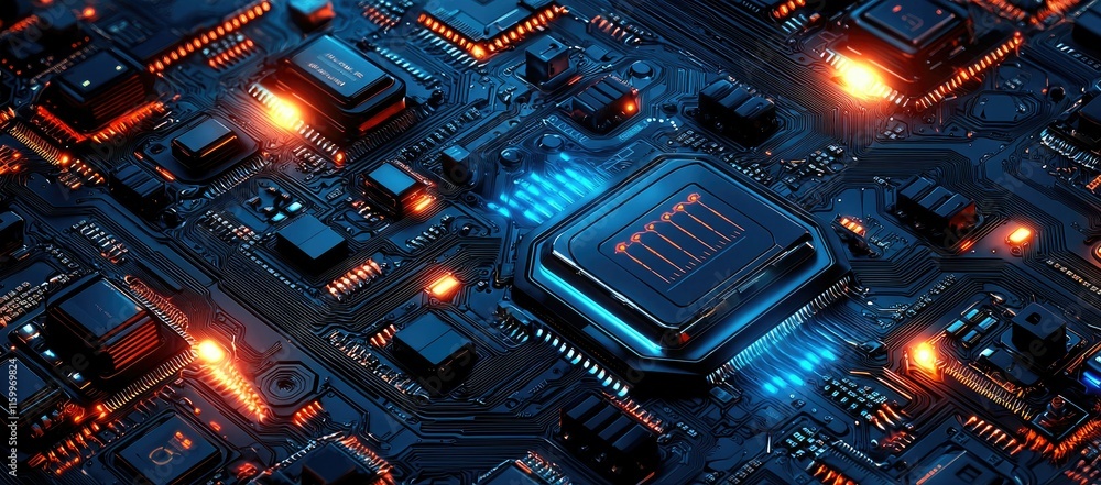 Poster a close-up of a futuristic circuit board with glowing components and intricate details.